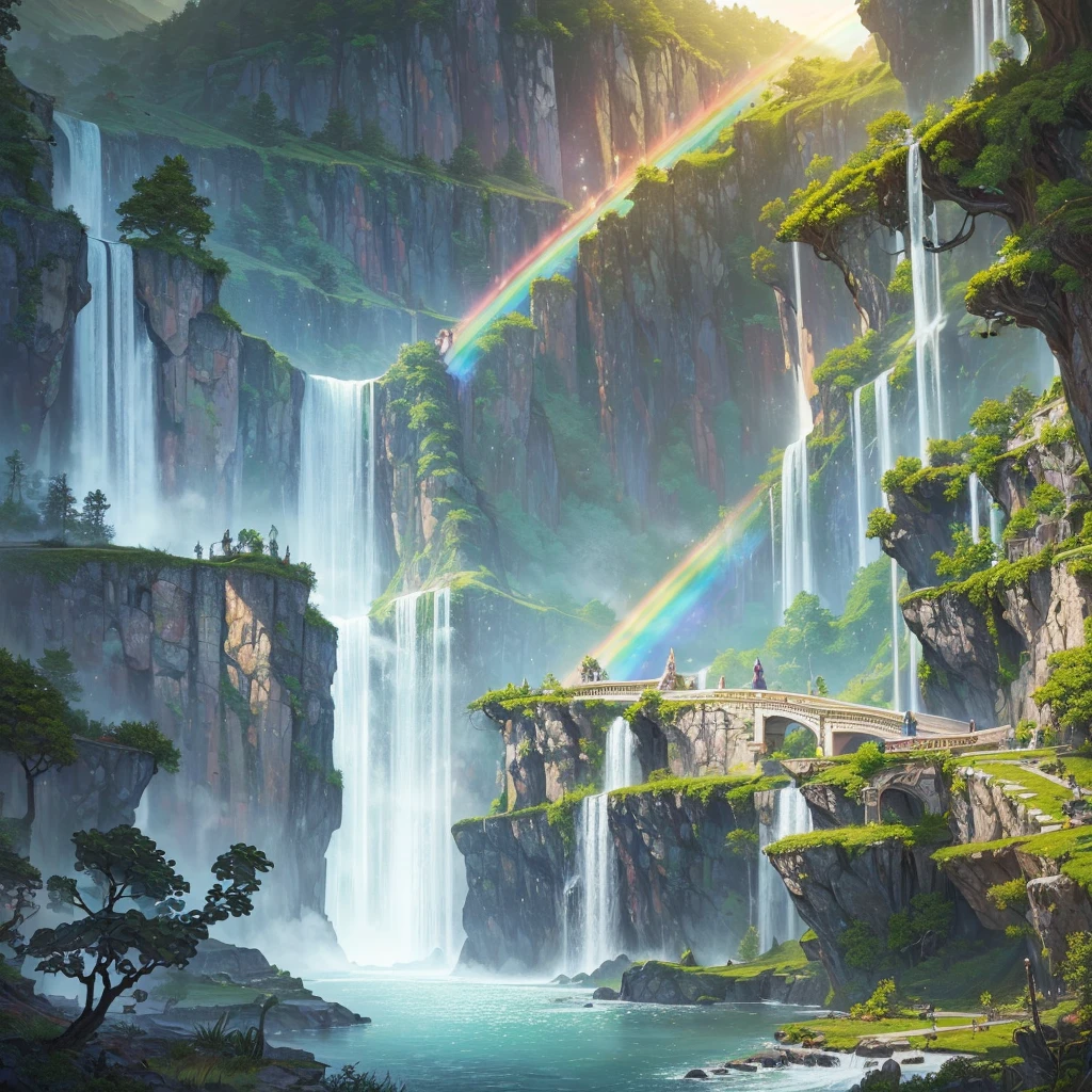 ((of the highest quality)),(ultra high resolution),(Super detailed),(Detailed description),((best cg)),(best work of art),super precision art,amazing drawing art,(Fantasy art with precise details.:1.5), A huge waterfall falling from the sky.,A transparent rainbow bridge,wood々A mountain where the greenery of々
