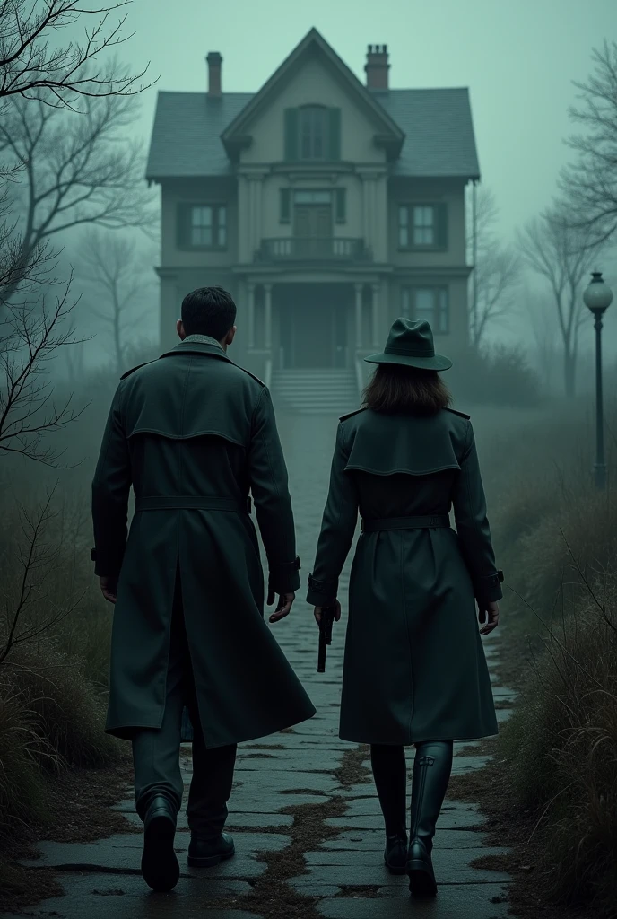 Draw me a picture of two detectives entering a scary old house 