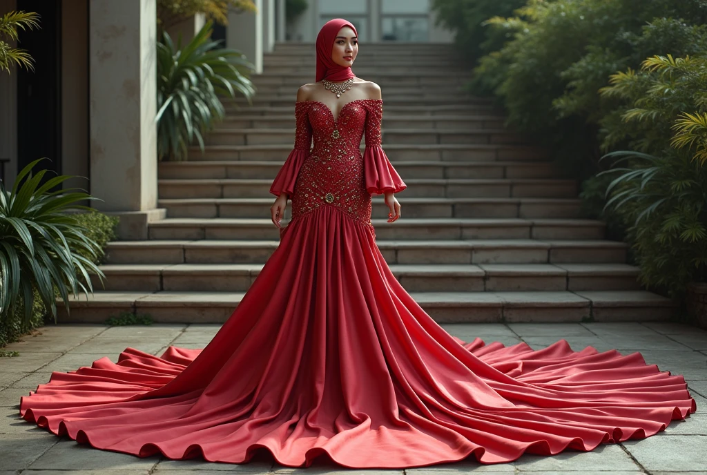 An malay woman in glamorous mermaid evening dress, long ballon sleeve dress, wear jewellery, wear modern satin hijab, entirety of fabric over botom dress about 7 meters in length trailing dramatically, glamours style, overlong dress train, extreme detail on the texture of the fabric, wear high heels, sexy random pose in outdor stair, beautifull bright lighting, ultra realistic, high-resolution photography.