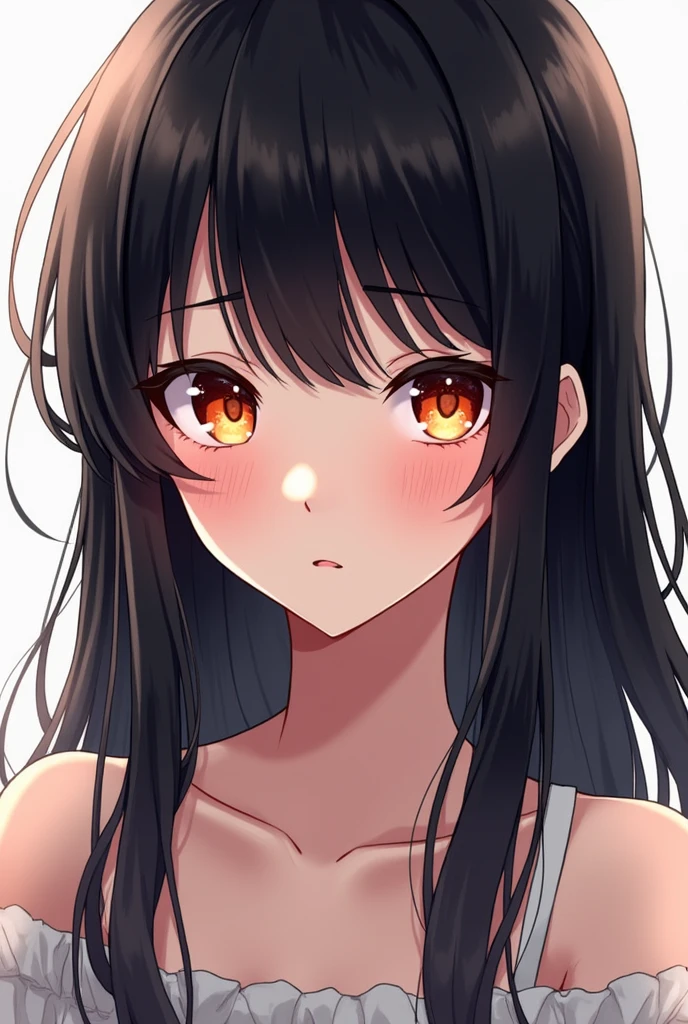 Anime girl with long, slightly disheveled black hair and a red lock of yellow eyes and the background of the image that is white