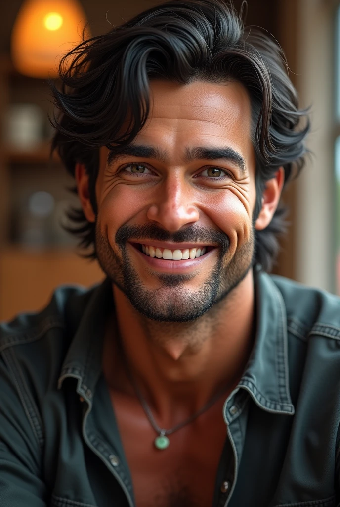 A man no older than 36, with medium-long, messy hair, a little chubby but strong and attractive.