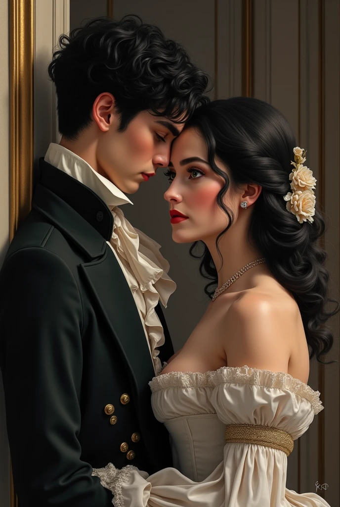 A well-dressed, black-haired young man is hiding from a young white woman with curly black hair..
The boy is hiding behind a wall, and the girl is looking for him elsewhere, blushing The two dressed in expensive clothes from 1800