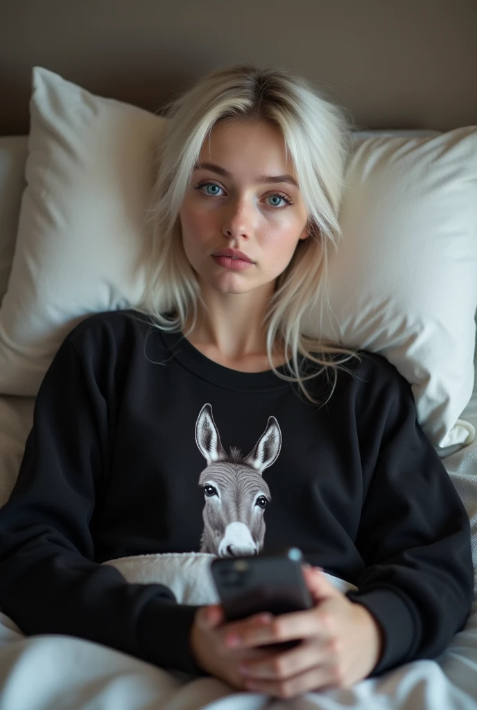 A girl with long white natural hair taking a selfie lying on the bed wearing a black sweatshirt with a picture of a donkey on the front,she will be in the room she has blue eyes and her head will be on the pillow