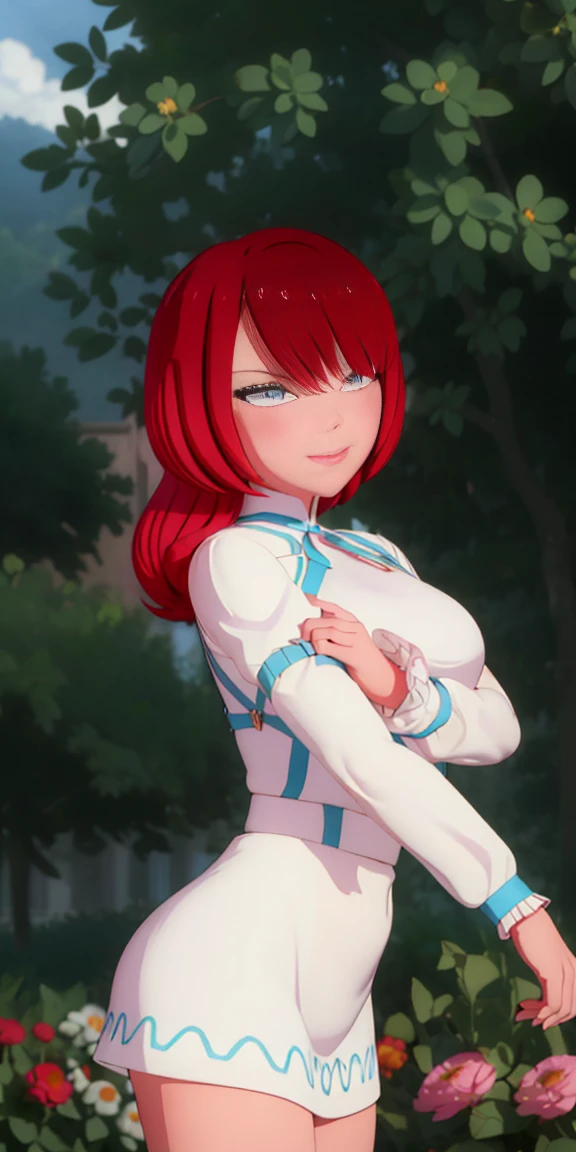 Big round breasts, (1 mature Girl), ((light red hair: 5.2, long straight style, symmetrical bangs)), blue eyes, double eyelids, light effect on eyes, wide hips, white skirt dress, long sleeves, stylish, beautiful smile, shy, blush on cheeks, ((sexy body)), solo, best quality, masterpiece, portrait, flirting with viewer, sensual pose, detailed, perfect anatomy, detailed art, high definition, 4k, high resolution, garden, grass, bouquet of flowers