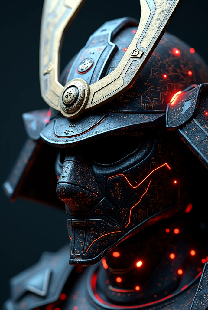 A Japanese samurai mask features components simulating electronic applications,Use on masksICComputer chip components andCPUDecorate and incorporate into the mask,The Japanese family crest is printed on it,Overall presentation of Japanese samurai mask50Degree Angle