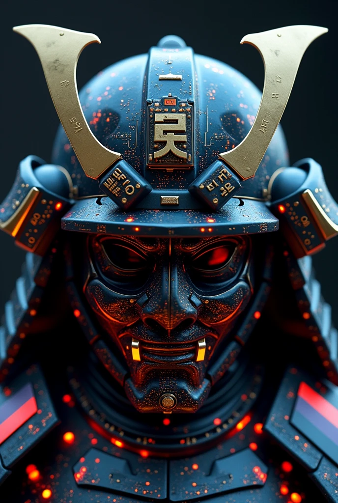 A Japanese samurai mask features components simulating electronic applications,Use on masksICComputer chip components andCPUDecorate and incorporate into the mask,The Japanese family crest is printed on it,Overall presentation of Japanese samurai mask50Degree Angle