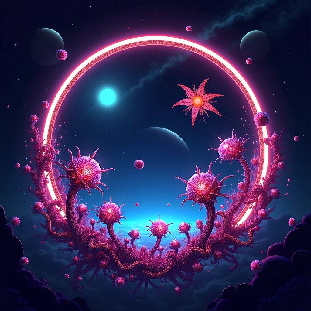 Circular frame, Outer space, neon colors, planets and asteroids, strange plants.