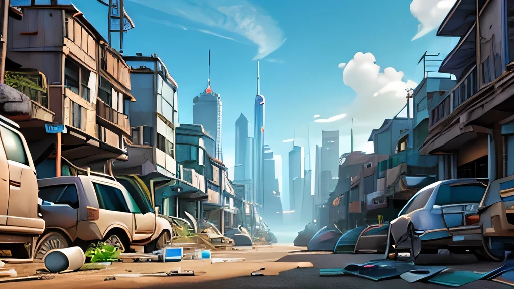 Futuristic cityscape、Back Alley、Scrap yard、Clear sky、Bright atmosphere、the way、Garbage dump、Broken appliances are thrown away、