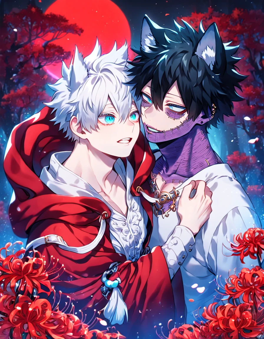absurdres, highres, ultra detailed, HDR, master piece, best quality, extremely detailed face, delicated features, Dabi, black hair, expressive turquoise eyes, Boku No Hero Academia, Gojou Satoru, white hair, expressive blue eyes, white eyelashes, two sexy men together, yaoi, gay couple, handsome, manly man, vampire clothes, vampires, accessories, red cape, fantasy, magical, inside a castle, night, petals, flowers, curtains, luxurious