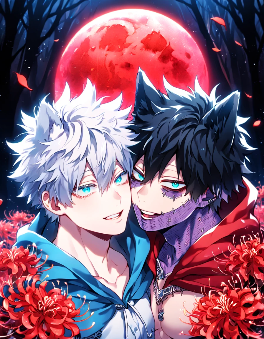 absurdres, highres, ultra detailed, HDR, master piece, best quality, extremely detailed face, delicated features, Dabi, black hair, expressive turquoise eyes, Boku No Hero Academia, Gojou Satoru, white hair, expressive blue eyes, white eyelashes, two sexy men together, yaoi, gay couple, handsome, smiling, light-blue jacket with fur, black coat, fantasy, fantasy, magical, radiant, pink butterflies, pink flowers, night sky, shinning pink moon, blossoms