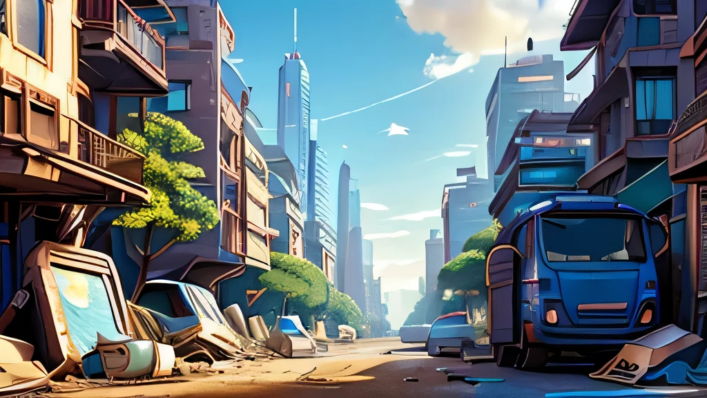 Futuristic cityscape、Back Alley、Scrap yard、Clear sky、Bright atmosphere、the way、Garbage dump、Broken appliances are thrown away、