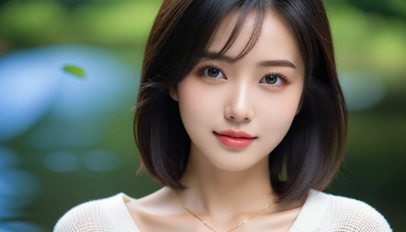 8k, Ultra-high resolution, Highest quality, masterpiece, 三分割法によるphotograph,Surreal, photograph, 1 Girl, (:1.3), pretty girl, Cute Face, 細部までBeautiful Eyes, 細かくdetailedに,masterpiece,One Girl:1.2,Japanese women,Young Wife,upper body,smile,Black hair,Wavy bob,(White summer knitwear:1.3),necklace,wood々Inside,Lakeside,Summer sunshine,wood漏れ日,(Beautiful attention to detail),Subtle details, detailedな顔, smile,Attractive girl,(のポートレートphotograph:1.4),(Photorealistic images:1.4),Fantasy art,(Beautiful Face:1.4),Beautiful and attractive eyes、Beautiful Eyes、(Tight waist:1.4)、(Beautiful with perfect body proportions:1.4),Pink Lips,Looking at the audience,(((Ideal body type))),A-cup small breasts :2,、Portraiture:2、Perfect Anatomy、鮮明なdetailed、detailed,Fashion magazine cover,Thin lips,完璧でBeautiful Face ,完璧でCute Face, Skin with attention to detail, Perfect limbs、Narrow waist,Surreal,Light and shadow,dappled sunlight
