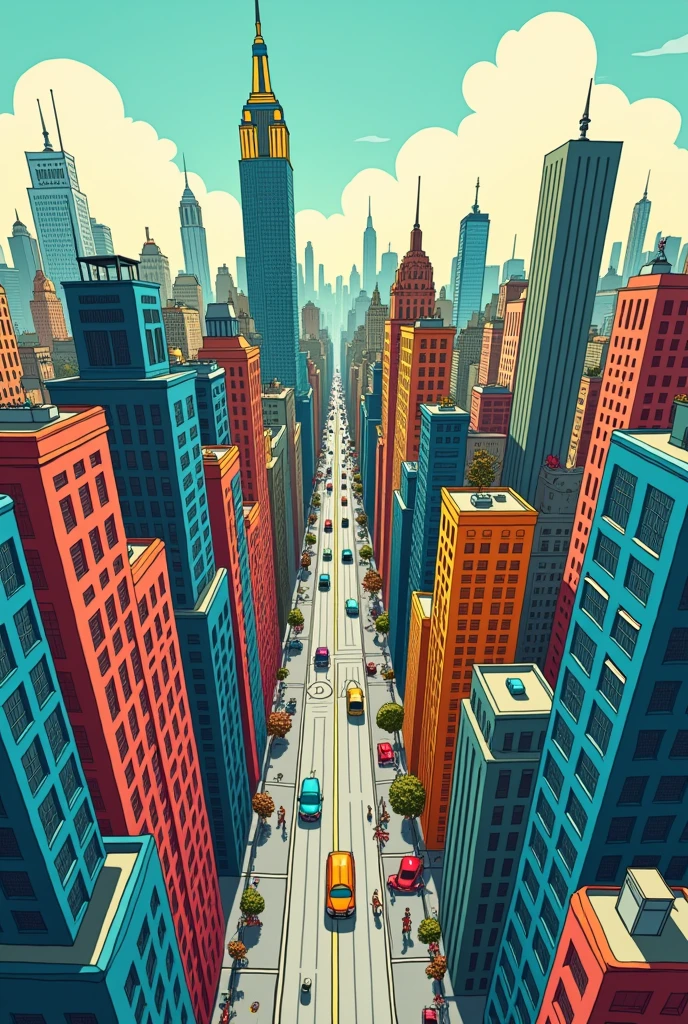 create a landscape of a city seen from above specifically new york and make it look like a cartoon