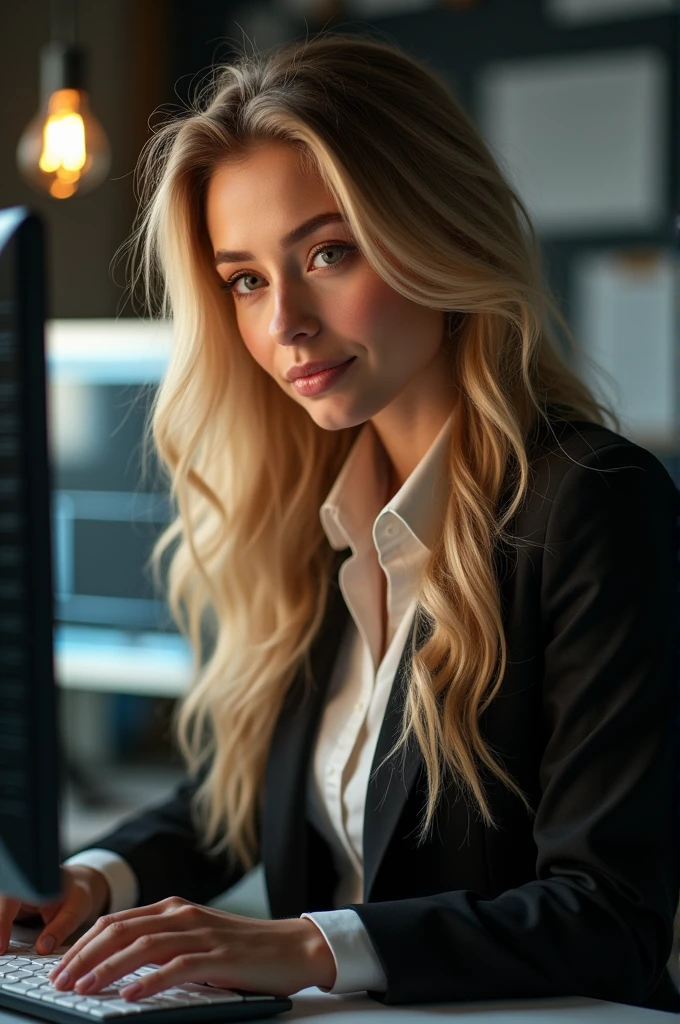 a beautiful girl with long blonde hair, detailed eyes, nose, and lips, wearing professional outfit, siting in her office, using her computer, hp comuter (best quality,4k,8k,highres,masterpiece:1.2),ultra-detailed,(realistic,photorealistic,photo-realistic:1.37),HDR,studio lighting,extremely detailed face and body, portrait,cinematic lighting,dramatic lighting,warm color tones,dramatic colors