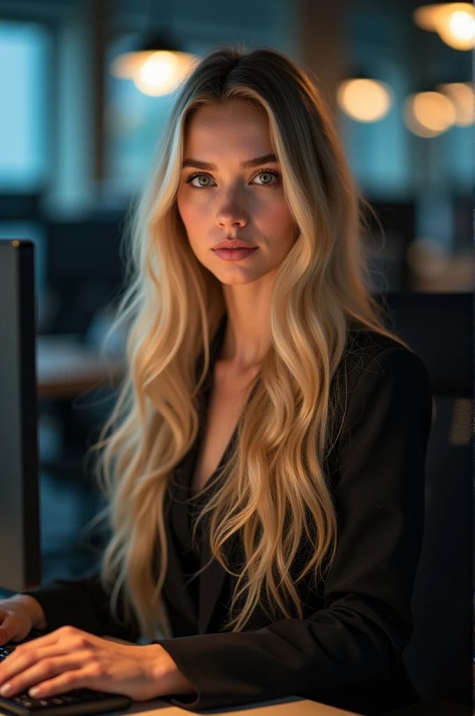 a beautiful girl with long blonde hair, detailed eyes, nose, and lips, wearing  professional outfit, siting in her office, using her computer, hp comuter (best quality,4k,8k,highres,masterpiece:1.2),ultra-detailed,(realistic,photorealistic,photo-realistic:1.37),HDR,studio lighting,extremely detailed face and body, portrait,cinematic lighting,dramatic lighting,warm color tones,dramatic colors