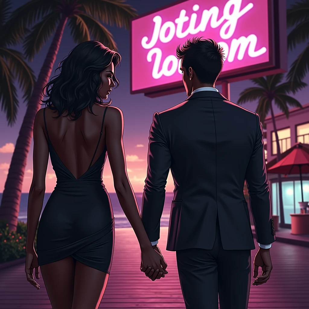 generates an action scene where a couple of lovers (a handsome black man with short hair and a Latin woman with dark chocolate skin and a nice body with curves, round breasts and firm, wide and generous hips,) meet on a boardwalk in front of the sea, warm colors, be creative and achieve a book cover image.