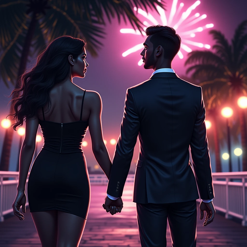 generates an action scene where a couple of lovers (a handsome black man with short hair and a Latin woman with dark chocolate skin and a nice body with curves, round breasts and firm, wide and generous hips, a black dress with a low neckline) meet in a boardwalk facing the sea, warm colors, be creative and achieve a book cover image.