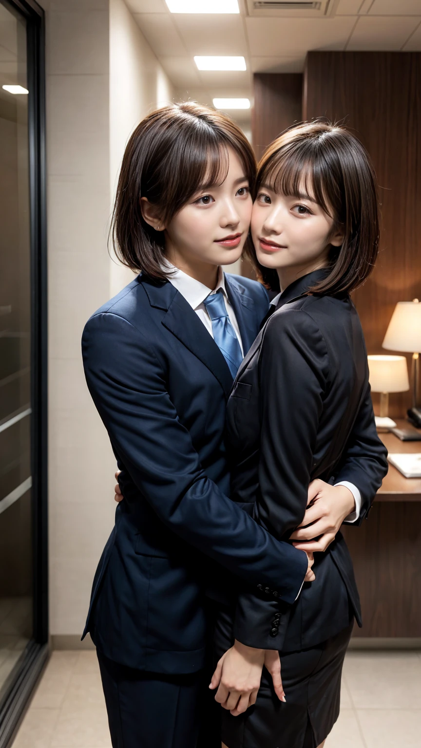 ung office lady being hugged from back by 1 man:1.2,close to each other:1.1), (man's hand touching her breast:1.1),very cute face,bob cut,Suit,Collared shirt, Black Suit,Black jacket,,embarrassed,hotel room,perfect anatomy, masterpiece, best quality,8k,perfect face,from front,upper body