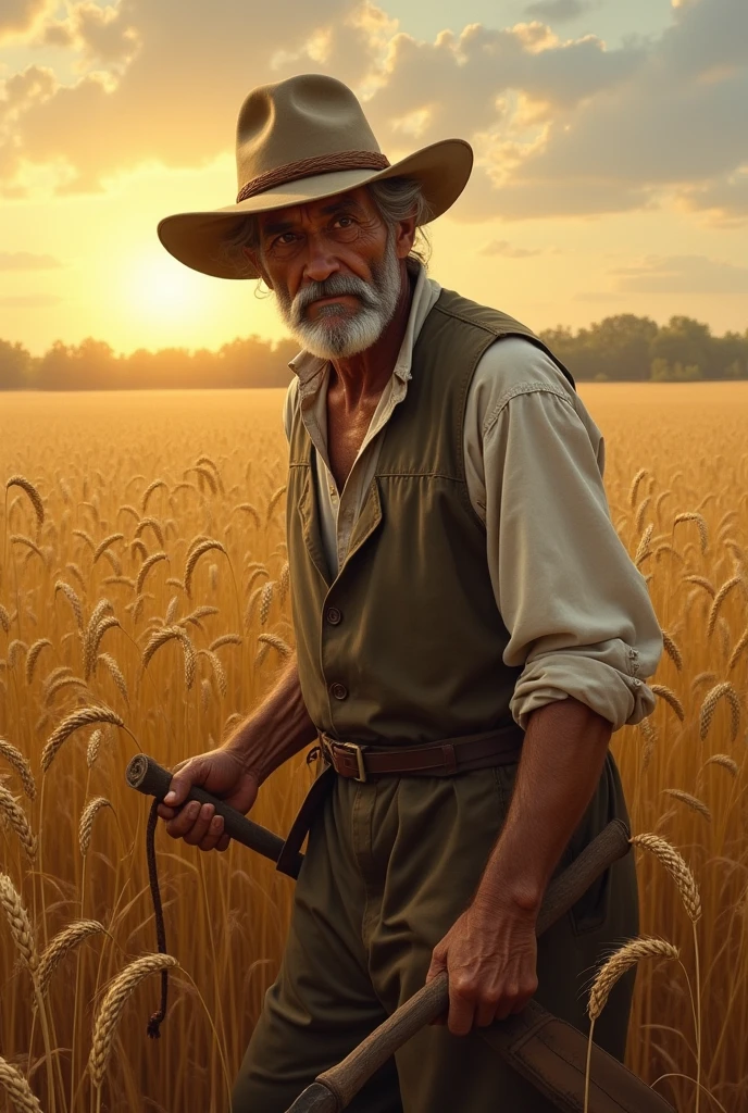 He was born on a farm in France during the French Revolution.、Farmer's , Farmer harvesting wheat field、working pose, 1 male French old man, 60 age-old, Farmer harvesting wheat field, working in the fields、sunset, super detail, high details, high quality, UHD, accurate, anatomically correct, textured skin, beautiful fingers super detail, high details, high quality, best quality