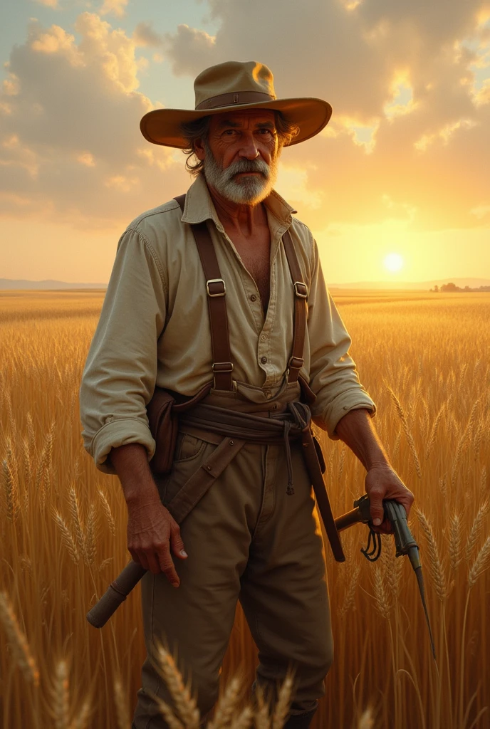 He was born on a farm in France during the French Revolution.、Farmer's , Farmer harvesting wheat field、working pose, 1 male French old man, 60 age-old, Farmer harvesting wheat field, working in the fields、sunset, super detail, high details, high quality, UHD, accurate, anatomically correct, textured skin, beautiful fingers super detail, high details, high quality, best quality