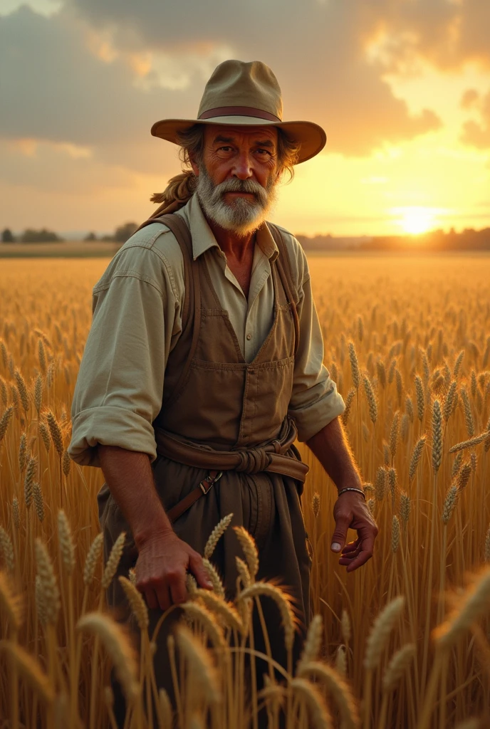 He was born on a farm in France during the French Revolution.、Farmer's , Farmer harvesting wheat field、working pose, 1 male French old man, 60 age-old, Farmer harvesting wheat field, working in the fields、sunset, super detail, high details, high quality, UHD, accurate, anatomically correct, textured skin, beautiful fingers super detail, high details, high quality, best quality