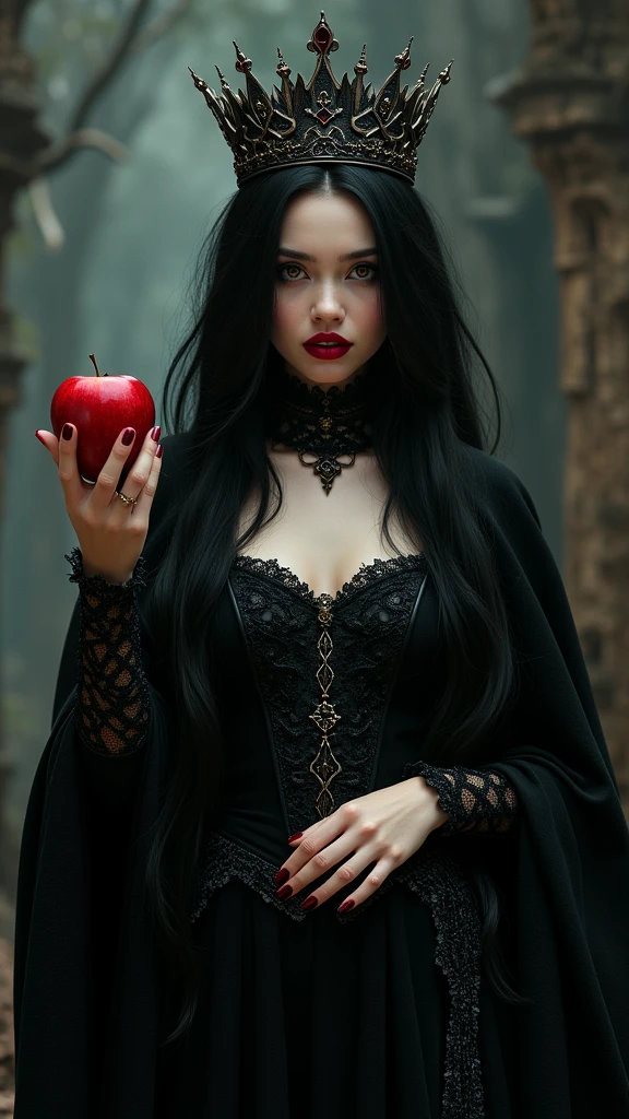 Girl,Black long hair,Black Queen,accessories,Apple in hand,Poison apples,Witch Queen,Red lipstick