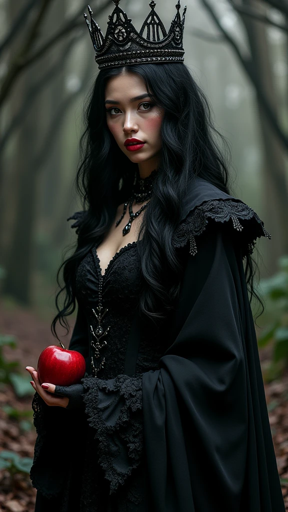 Girl,Black long hair,Black Queen,accessories,Apple in hand,Poison apples,Witch Queen,Red lipstick