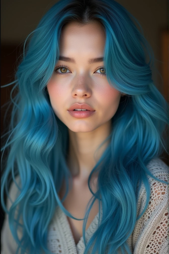 23 year old female model, long blue hair, light brown eyes, realistic photo