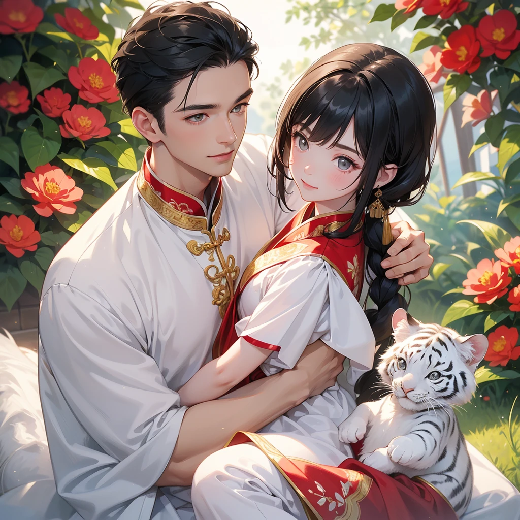 a handsome young man with good face and gentle face, wearing a white ancient Chinese costume, riding a white tiger, hugging his adorable Chibi  girl 1 yearo is 1 year old, wi hair in a red Chinese new year costume, int he morning, there is sunlight shining in the front yard garden , smiling.