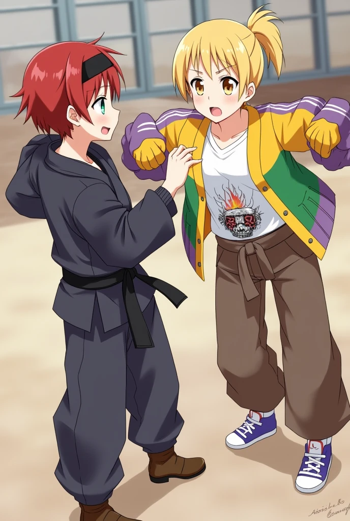 redhead girl, with short hair with a black headband, light green eyes, a dojo-style suit, leather boots, Whole body, Next to her a blonde girl, with hair tied in a ponytail, orange eyes, an unbuttoned yellow, green and violet jacket, with a white t-shirt underneath with a drawing of a flaming fist, wide trousers with a belt, and some Jordan sneakers or tennis shoes. Anime style or digital art
