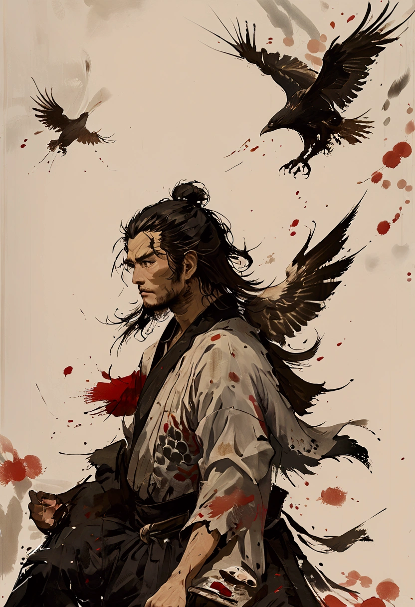 Japanese Samurai横からのアングル profile Watching an American Eagle fly in the distance Japanese swordを持ち遠くを見ている pale colour Ink Painting Like overlapping Japanese Samurai Japanese sword dusk