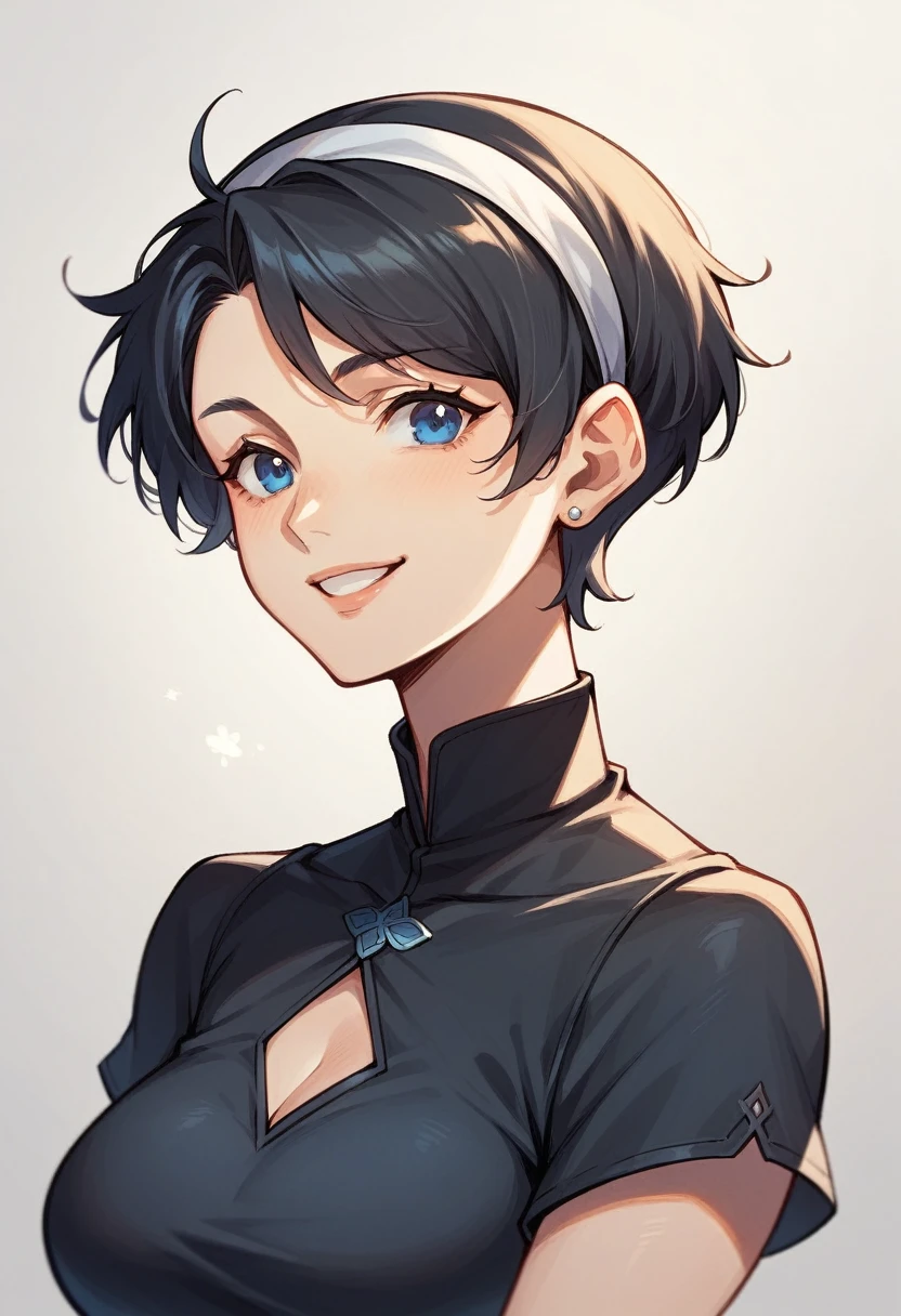mature Woman,, blue eyes, Black short hair pixie style, short black dress,Smiling ,headband white, 90's anime style