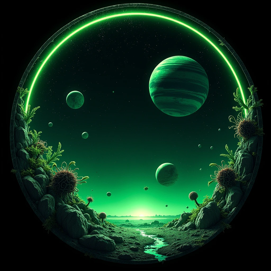 Circular frame, Outer space, neon green colors, planets and asteroids, strange plants.