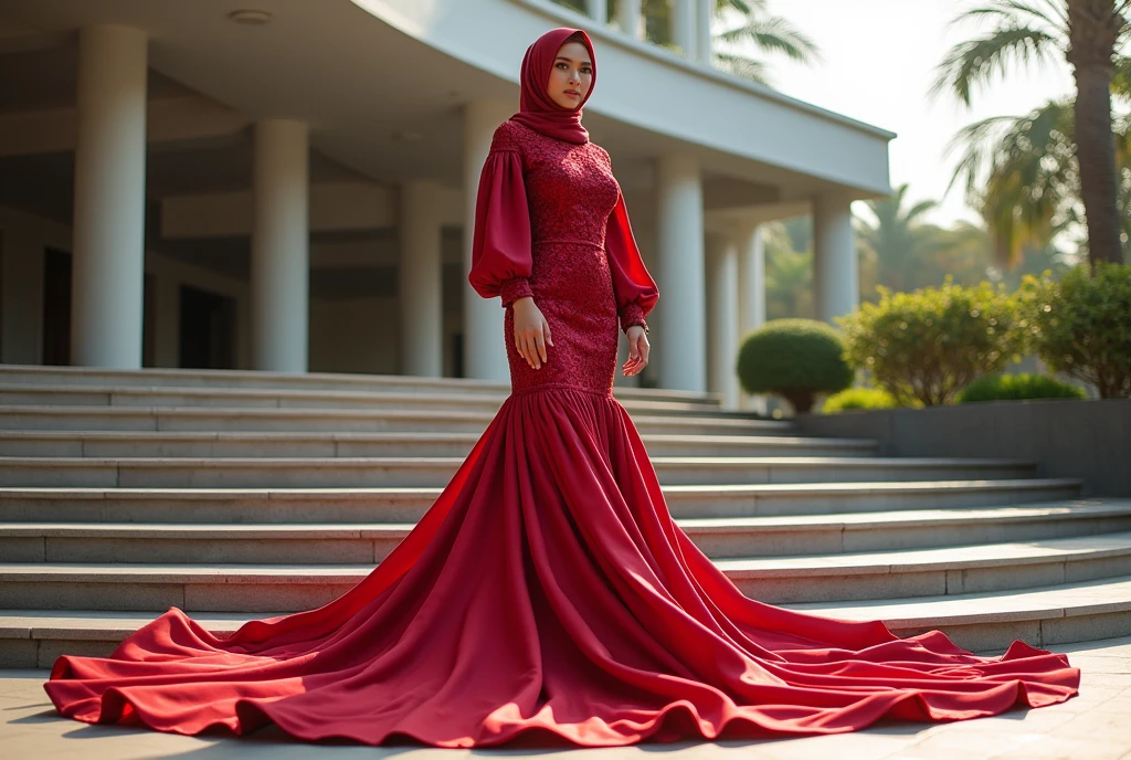 An malay woman in glamorous mermaid evening dress, long ballon sleeve dress, wear modern satin hijab, entirety of fabric over botom dress about 7 meters in length trailing dramatically, glamours style, overlong dress train, extreme detail on the texture of the fabric, wear high heels, y random pose in outdor stair, beautifull bright lighting, ultra realistic, high-resolution photography.