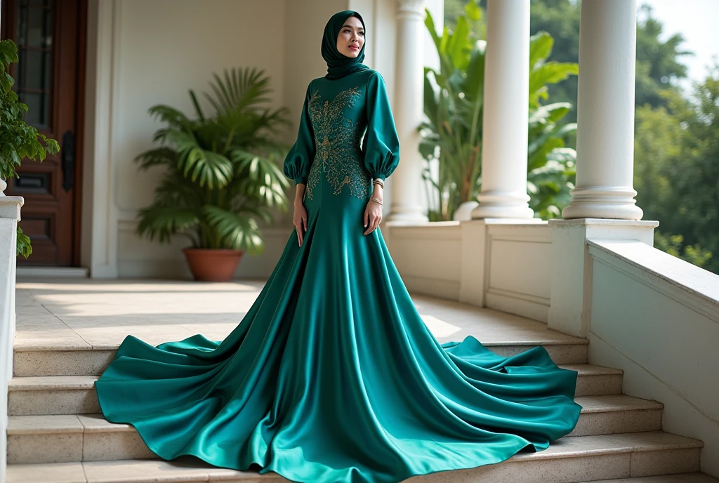 a woman in the translucent silk gown, wear lather jacket, full body,wear modern hijab, double long satin train ( 4 meter long ), mermaid tight long gown, flowy dramatic long gown, tall women, in wet road, strugle to walk, wear high heels, masterpice, 4k resolution, ultra-realistic, highly detail.