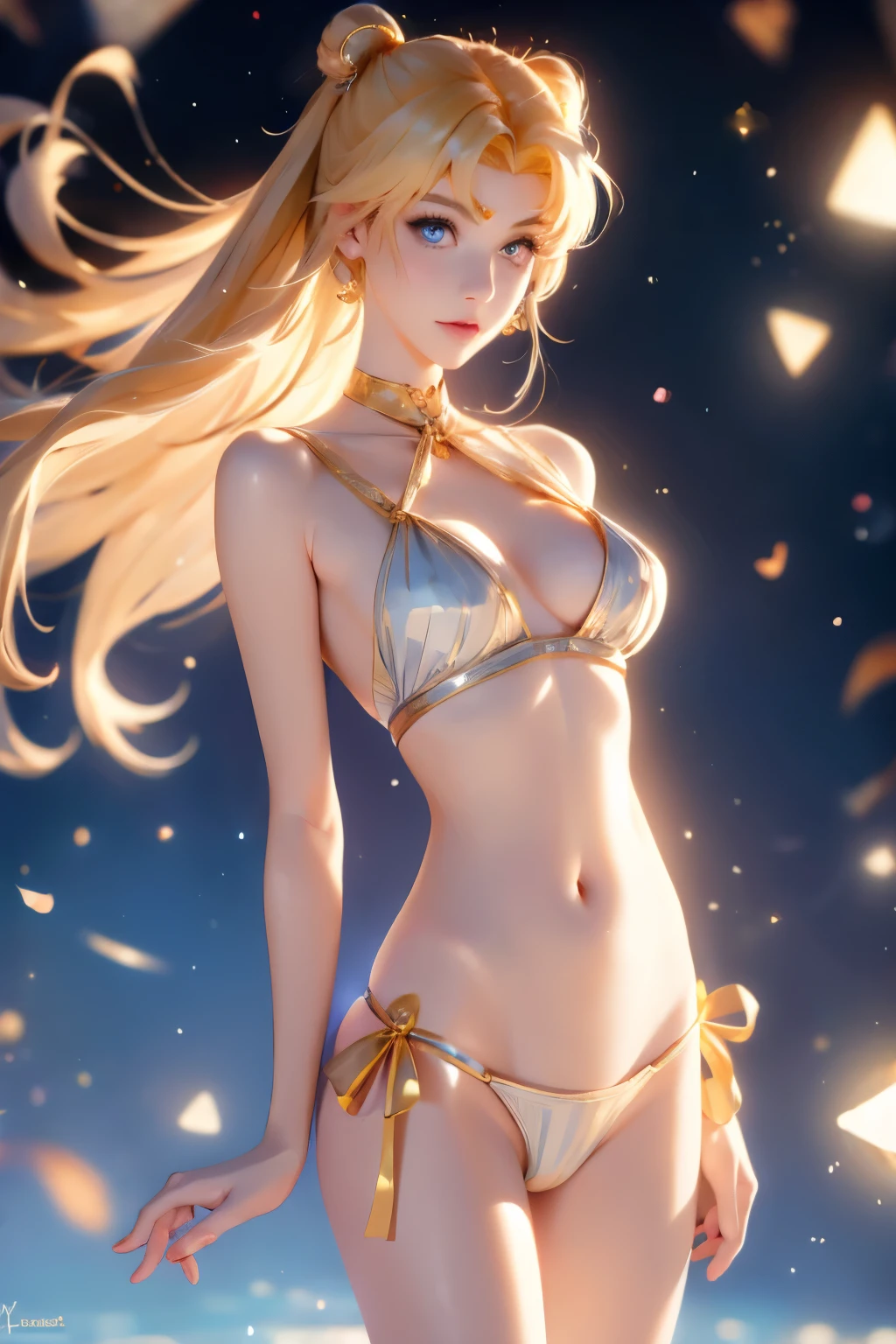 Sailor Moon, 1 female, blonde hair, long hair, blue eyes, (detailed eyes), (beautiful detailed face: 1.0), (realistic), single focus, single background, female focus, (masterpiece: 1.0), (best quality: 1.0), (8k wallpaper: 1.0), perfect nose, multi-color bikini, (small triangle bikini), perfect body, very big breasts, prominent collarbone, beautiful hip,