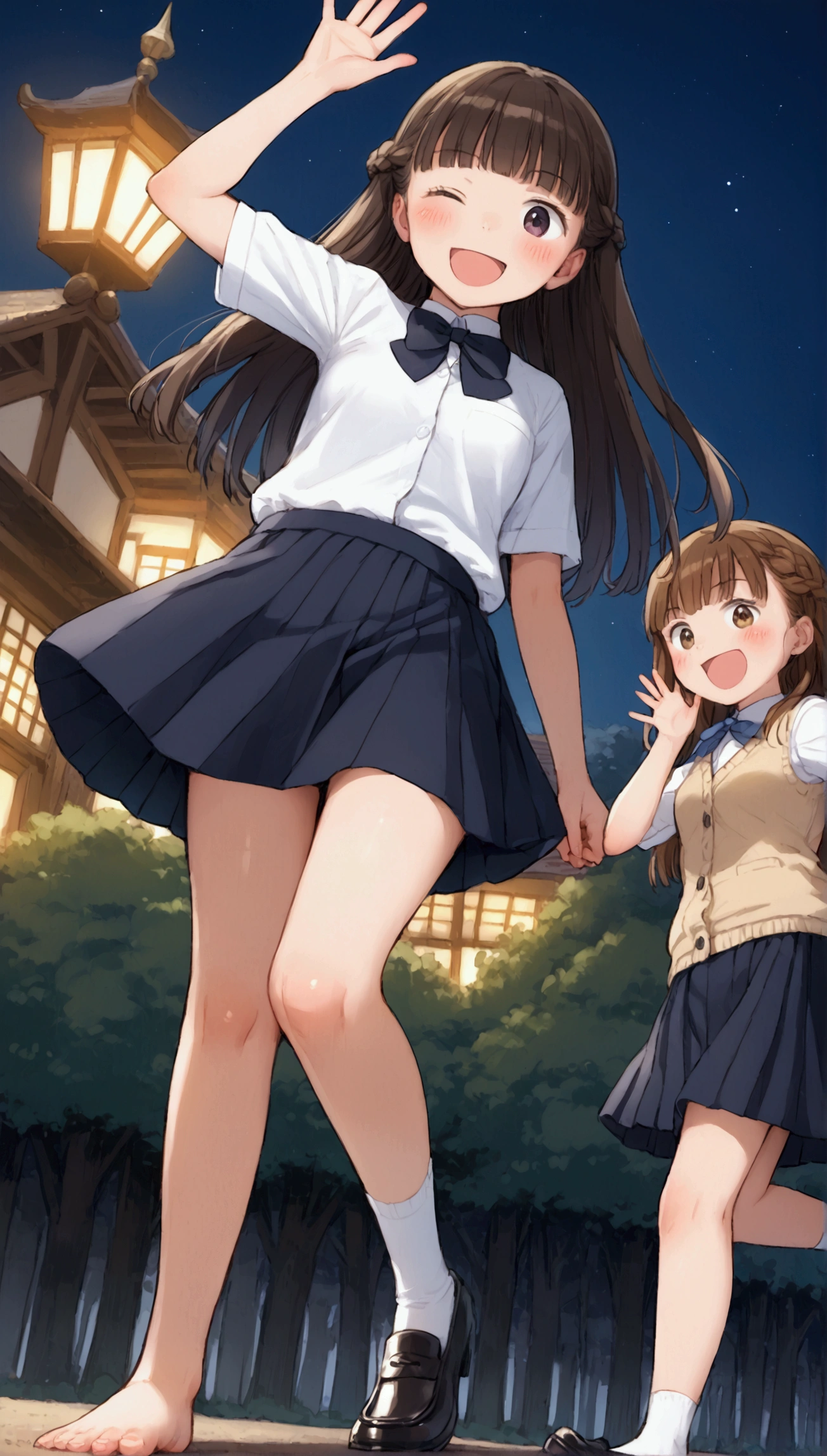 {Highest quality}, {Super beautiful},{Ultra fine},{Best illustration},Brown Hair,Hime cut,long hair,Braid,One woman,Standing Woman,Strike a pose,Adult women,smile,Excited face,Wink,uniform,White Shirt,cardigan,Short sleeve,skirt,Night Festival,Blushing,Slender,Black knee-high socks,Black Loafers,barefoot,From an angle,From below,Lift one leg up,Waving with both hands