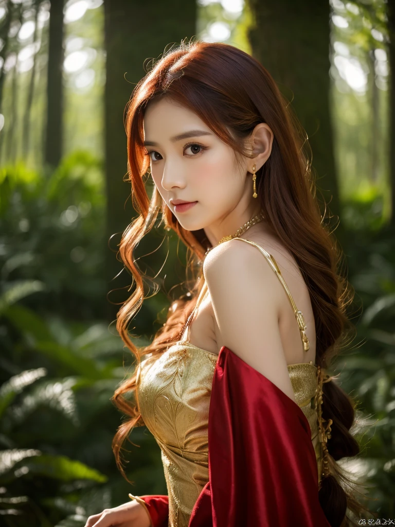 a beautiful redheaded asian girl, extremely long and very very verh SILKY HAIR, very beautiful elf dress, dense forest, no sunlight, detailed face and eyes, thin face, very big tits, (best quality,4k,8k,highres,masterpiece:1.2),ultra-detailed,(realistic,photorealistic,photo-realistic:1.37),magical fantasy atmosphere,fantasy,concept art