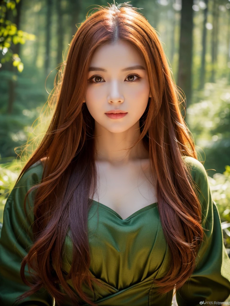 a beautiful redheaded asian girl, extremely long and very very verh SILKY HAIR, very beautiful elf dress, dense forest, no sunlight, detailed face and eyes, thin face, very big tits, (best quality,4k,8k,highres,masterpiece:1.2),ultra-detailed,(realistic,photorealistic,photo-realistic:1.37),magical fantasy atmosphere,fantasy,concept art