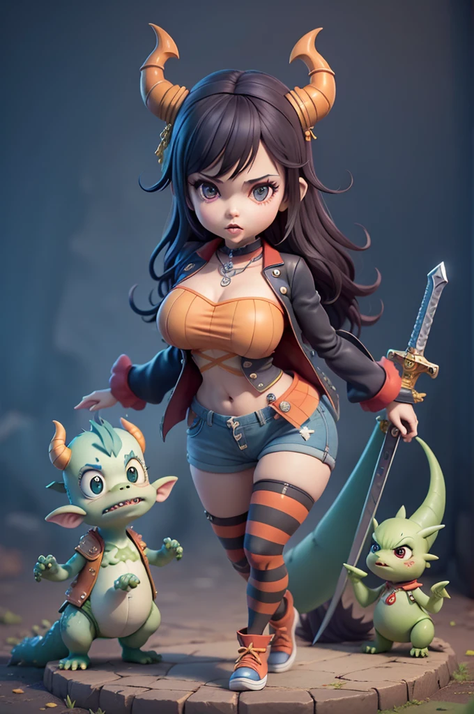 character inspired by mario bros,(rayman legends), mic, long-sleeved blouse with black and white stripes, different colors, Small shorts or legging pants, small waist, corpo mic, blouse with stripes, CG, striped shirt, striped sock, based on ((kingdom hearts)), (kingdom hearts), without a hat, colourful hair, takes bowser, ((striped shirt)), subsurface alta, hight subsurface, occlusion environment, big sword in hand, greatsword, carrying sword, segurando greatsword, skin natural, ((large video game decorations)), Sword and shield, ((castlevania)), dark animals in the background, dark dolls in the scene, monsters in the scene, Panning, (very big tits), dark theme, mask covering the mouth, monsters in the background, character in the center of the scene, diffuse color blue, dark blue color, detailed, sensual ao extremo, full body, creatures in around, ((demons and dragons)),((demons and dragons)),((só de calcinha)),((lingeriee)),((vampirinha)),((abertura no quadril)),((recorte de roupa))