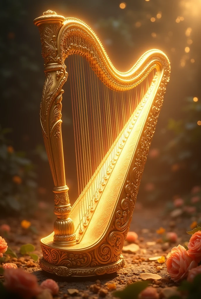 A magical musical instrument, elegant golden harp, intricate details, ornate design, shimmering strings, glowing warm lighting, soft glowing aura, fantasy art style, dreamlike atmosphere, cinematic lighting, detailed texture, high resolution, 8k, photorealistic, award winning art