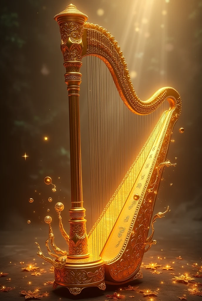 A magical musical instrument, elegant golden harp, intricate details, ornate design, shimmering strings, glowing warm lighting, soft glowing aura, fantasy art style, dreamlike atmosphere, cinematic lighting, detailed texture, high resolution, 8k, photorealistic, award winning art