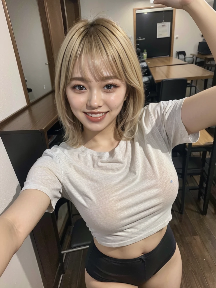 (Highest quality、Tabletop、8k、Best image quality)、(One Woman:1.2)、bedroom, ((blonde hair, bangs:1.3)) 、((wearing tight croped t-shirts, panties)), ((Selfie shots)) 、(Long black hair)、(shoot from above)、Perfect beautiful composition、(large breast)、Toned body、Waistline、(Looking at me with a blissful expression:1.1)、(perfect beautiful teeth:1.1)、Natural Makeup、(beautiful thick legs:1.2)、(Perfect and realistic skin texture:1.2)、Ultra-high definition beauty face、Super high quality glossy lip、(Accurate anatomy:1.1)、(vivid:1.1)、sexy