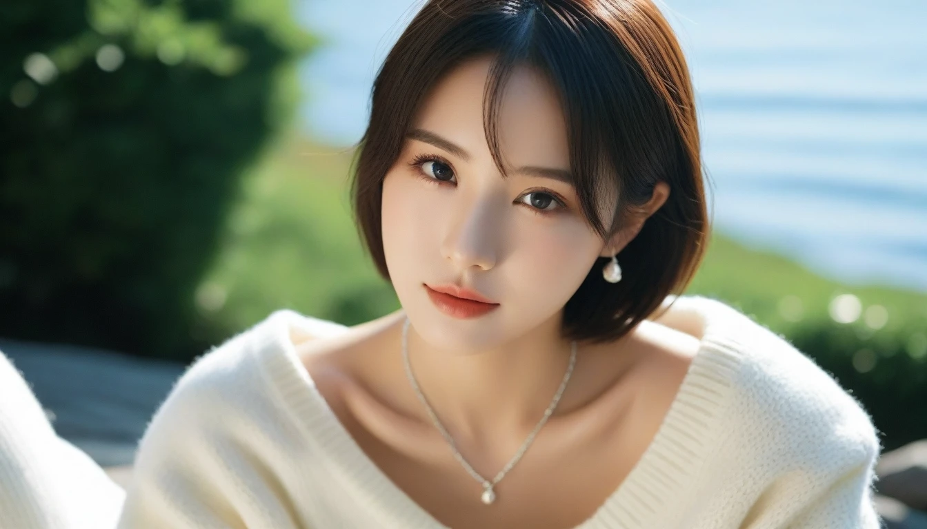 8k, Ultra-high resolution, Highest quality, masterpiece, 三分割法によるphotograph,Surreal, photograph, 1 Girl, (:1.3), pretty girl, Cute Face, 細部までBeautiful Eyes, 細かくdetailedに,masterpiece,One Girl:1.2,Japanese women,Young Wife,upper body,smile,Black hair,Wavy bob,(White summer knitwear:1.3),necklace,wood々Inside,Lakeside,Summer sunshine,wood漏れ日,(Beautiful attention to detail),Subtle details, detailedな顔, smile,Attractive girl,(のポートレートphotograph:1.4),(Photorealistic images:1.4),Fantasy art,(Beautiful Face:1.4),Beautiful and attractive eyes、Beautiful Eyes、(Tight waist:1.4)、(Beautiful with perfect body proportions:1.4),Pink Lips,Looking at the audience,(((Ideal body type))),A-cup small breasts :2,、Portraiture:2、Perfect Anatomy、鮮明なdetailed、detailed,Fashion magazine cover,Thin lips,完璧でBeautiful Face ,完璧でCute Face, Skin with attention to detail, Perfect limbs、Narrow waist,Surreal,Light and shadow,dappled sunlight