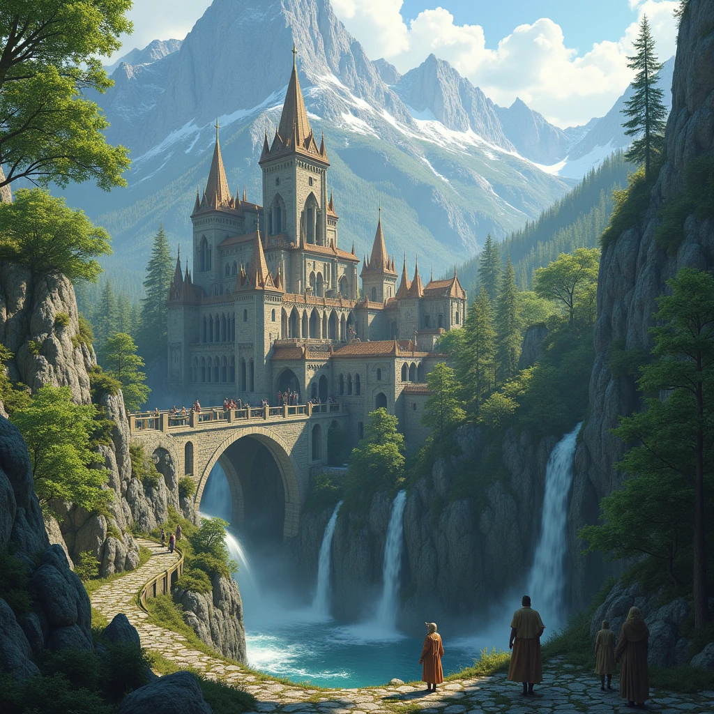 ((of the highest quality)),(ultra high resolution),(Super detailed),(Detailed description),((best cg)),(best work of art),super precision art,amazing drawing art,(Fantasy art with precise details.:1.5), Epic elven city in the mountains with waterfalls, Rivendell, Lord of the Rings, buildings and people on the streets