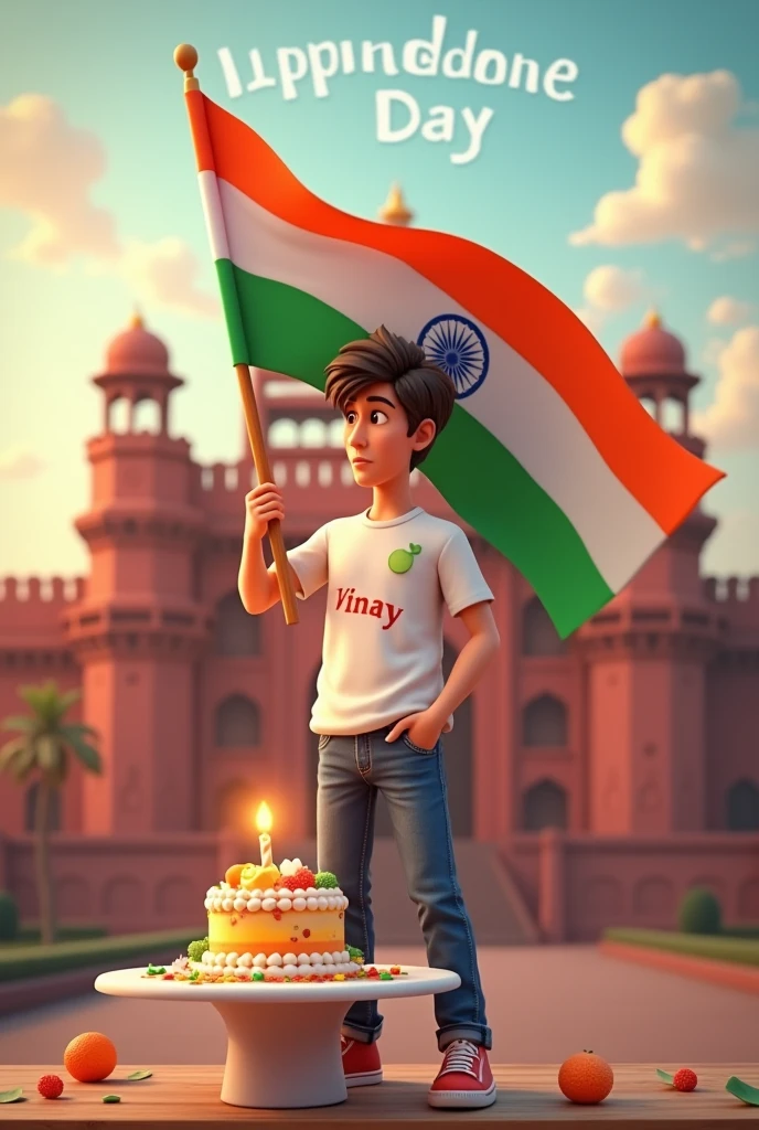 And yha hai aapka Prompt -
For 15 Aug -
A real 24 years old boy, Wearing White T shirt blue jeans sneakers and the name "vinay" is written on his t-shirt and the boy is standing on the road with holding a national flag of India, and behind him is the Red Fort Delhi. And written on sky "Independence Day" Create Realistic image high qualityv
For Birthday -
Create a 3d image in which a ager girl cutting Cake wearing red color top with Name "yadav" is written clearly on the Cake and 18 year candle burning on the cake , image features with birthday decorated view, realistic image, background decorated with birthday items.