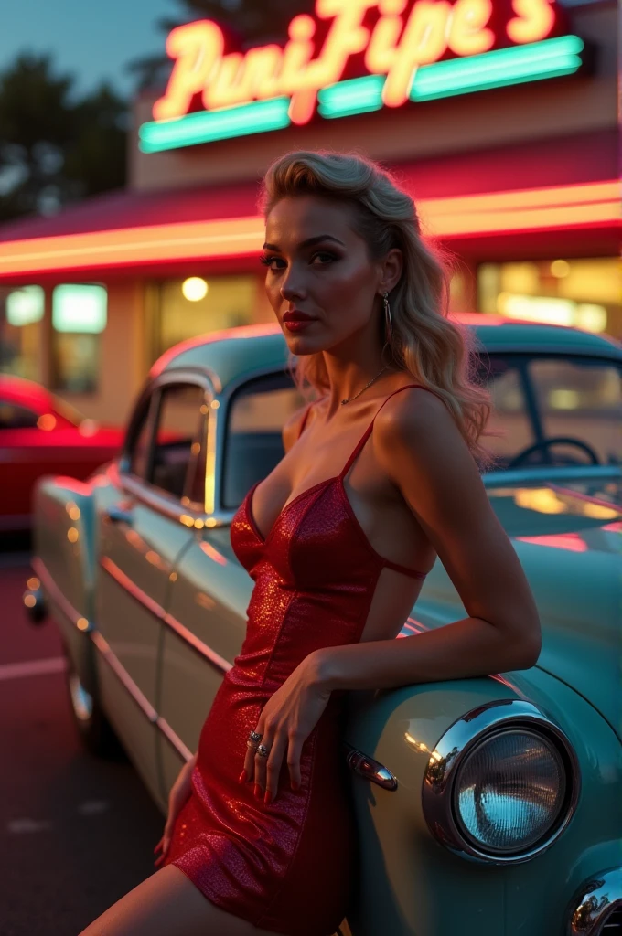 a hyper-realistic photograph of a beautiful rockabilly pin-up model leaning against a hot rod car in the parking lot of a 1950s-style diner, with an interesting camera angle and perspective, volumetric lighting, Depth of field, professional photo session, cinematic lighting. details Intricate, lifelike textures, dynamic pose