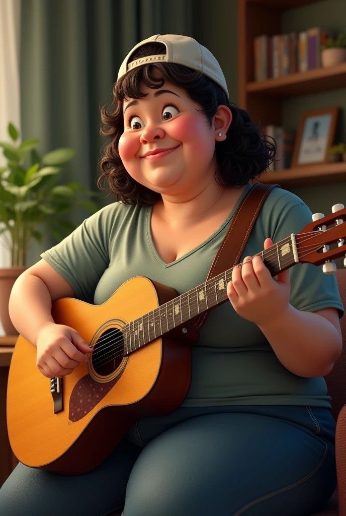 A chubby woman with short curly hair wearing a backwards cap, that is playing an acoustic guitar,