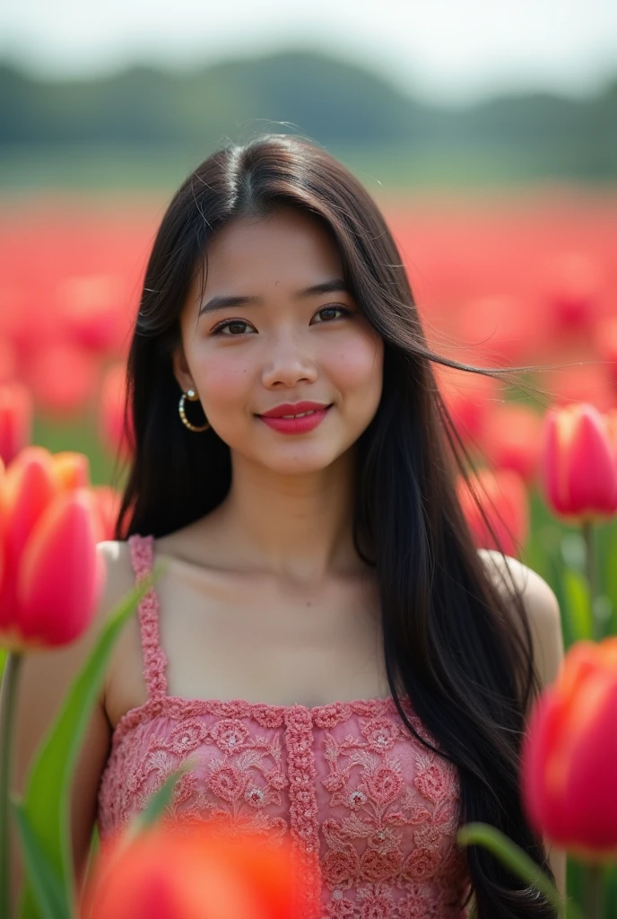 close-up of beautiful Indonesian woman, ) well-groomed white skin) long black hair) walking in a very beautiful rose and tulip plantation), rice field background, UHD