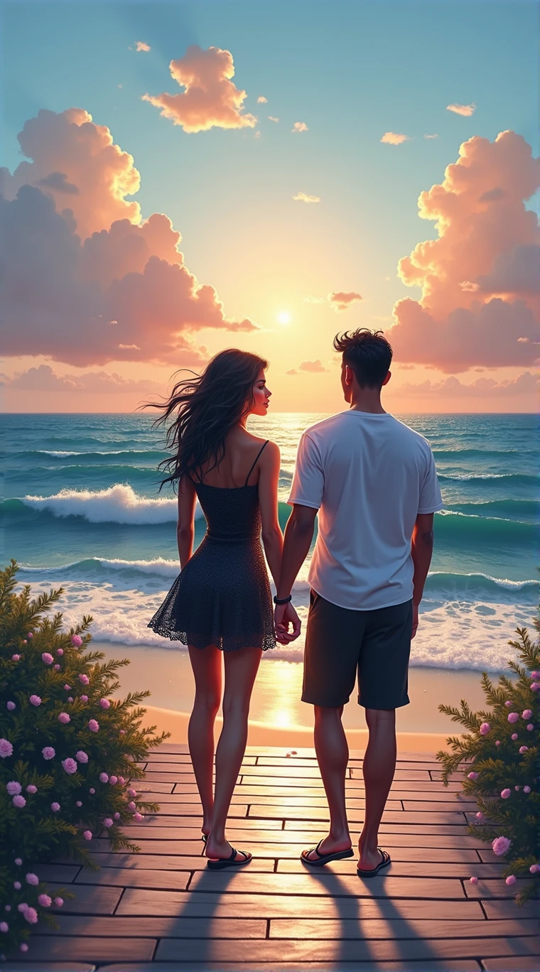 generates an action scene where a couple of lovers (a handsome black man with short hair and a Latin woman with dark chocolate skin and a nice body with curves, round breasts and firm, wide and generous hips, a black dress with a low neckline) meet in a boardwalk facing the sea, warm colors, be creative and achieve a book cover image.